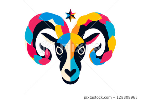 牡羊座彩色綿羊和星星圖標 牡羊座彩色綿羊和星星圖標 128809965