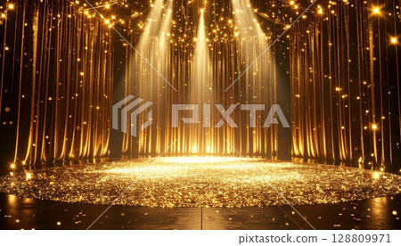 A gorgeous space created by a gold-shining stage and spotlights 128809971