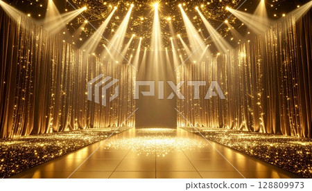 A gorgeous space created by a gold-shining stage and spotlights 128809973