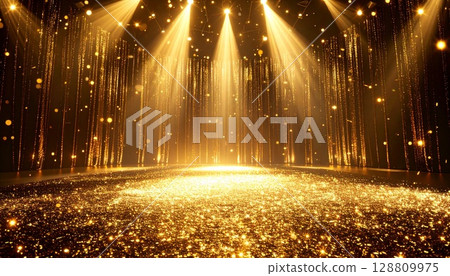 A gorgeous space created by a gold-shining stage and spotlights 128809975