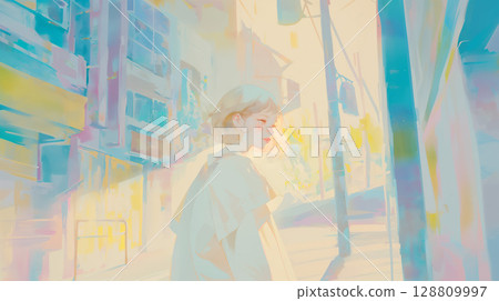 Watercolor illustration of a city and a lonely woman 128809997