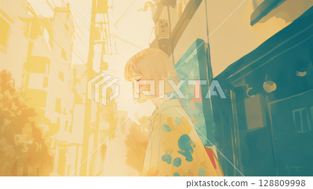 Watercolor illustration of a city and a lonely woman 128809998