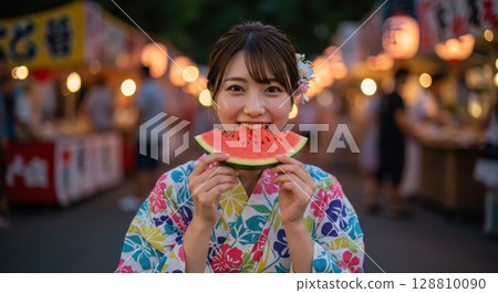 盂蘭盆節期間，一位身穿浴衣的女子在節慶攤位上吃西瓜 128810090