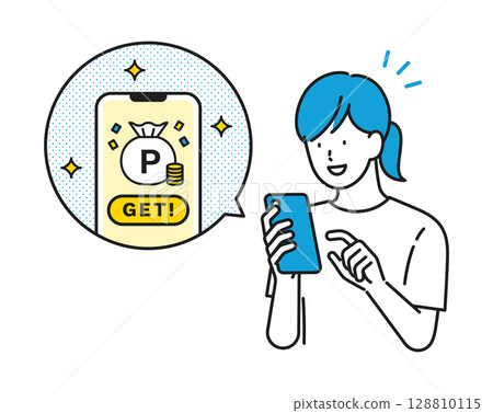 Stock Illustration: A girl getting points with a smartphone Stock Illustration: A girl getting points with a smartphone 128810115