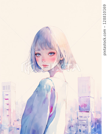 Watercolor illustration of a lonely woman standing in the city Watercolor illustration of a lonely woman standing in the city 128810169