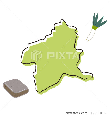 群馬縣地圖和當地特產的插圖 128810389