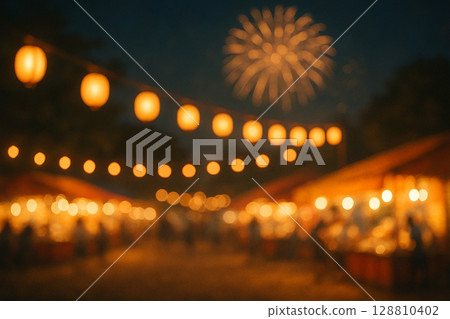 A dimly lit summer festival night, a summer evening surrounded by lanterns and fireworks, a nostalgic summer festival scene 128810402
