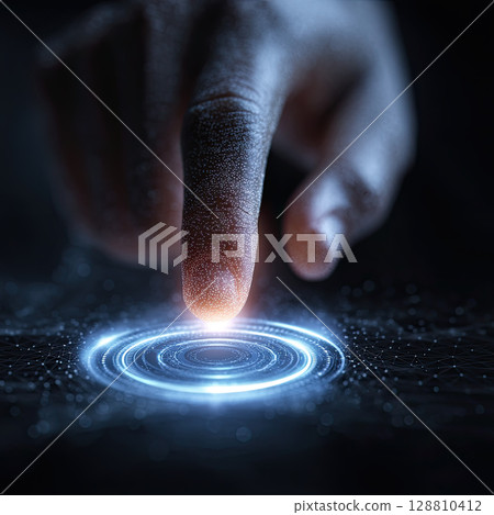 Futuristic hand finger glowing digital technology touch innovation dark background 128810412