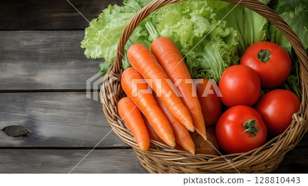 Wicker basket full of fresh carrots and tomatoes on a wooden table 128810443