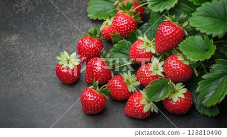 Ripe strawberries on dark background with fresh green leaves 128810490