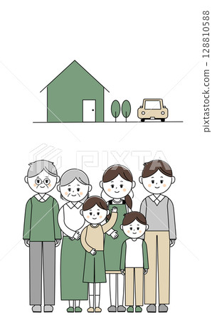 A three-generation family lined up in front of their house A three-generation family lined up in front of their house 128810588