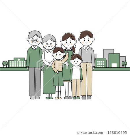 Illustration of a cityscape and a three-generation family 128810595