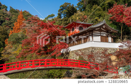 Ryuanji Temple's Houo-kaku and red bridge surrounded by autumn leaves. Minoh City, Osaka Ryuanji Temple's Houo-kaku and red bridge surrounded by autumn leaves. Minoh City, Osaka 128810665