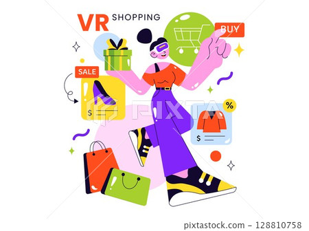 VR Shopping Vector Illustration featuring People Using Virtual Reality Digital Glasses to Experience Innovative Metaverse Shopping in a Background 128810758