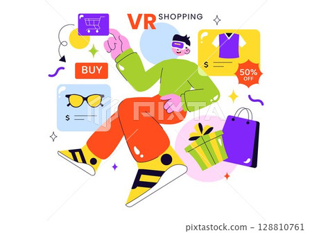 VR Shopping Vector Illustration featuring People Using Virtual Reality Digital Glasses to Experience Innovative Metaverse Shopping in a Background 128810761