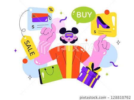 VR Shopping Vector Illustration featuring People Using Virtual Reality Digital Glasses to Experience Innovative Metaverse Shopping in a Background 128810762