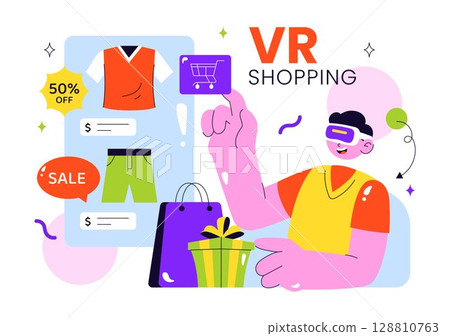VR Shopping Vector Illustration featuring People Using Virtual Reality Digital Glasses to Experience Innovative Metaverse Shopping in a Background 128810763