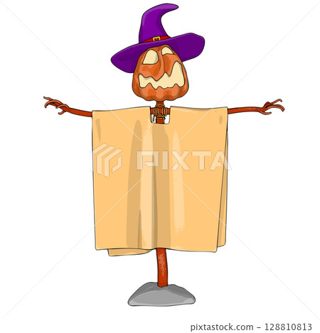 Halloween Scarecrow Lantern Jack pumpkin funny and cute. One of the symbols of the autumn holiday. Vector illustration. 128810813