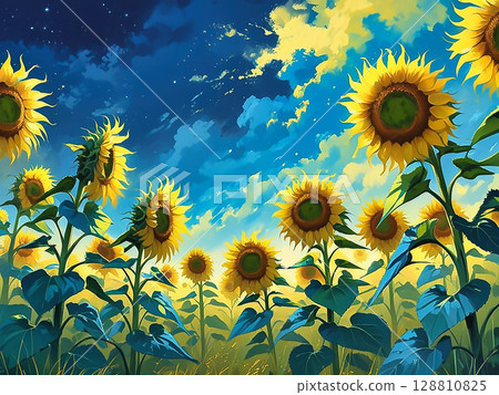 Illustration of a summer dawn and blooming sunflowers 128810825