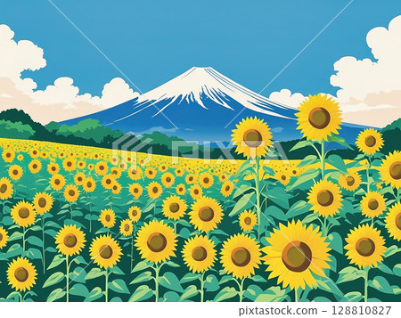 Illustration of Mt. Fuji and sunflower fields against a blue sky 128810827