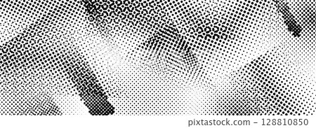 Rough grunge scratched halftone texture. Distress dirty paint background. Scuffed ragged vector backdrop. Damaged glitched pixel overlay. Dotted wallpaper for banner, poster, flyer, magazine, brochure 128810850