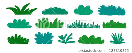 Hand drawn crayon bushes collection. Green grass and shrubbery set. Doodled shrub shapes bundle. Pencil sketched foliage elements. Scribbled cartoon greenery plant pack. Vector illustration doodles 128810853