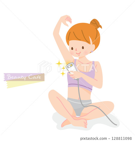 A young woman removing her underarm hair herself 128811098