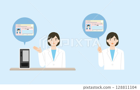 A woman in a white coat explaining the My Number health insurance card 128811104