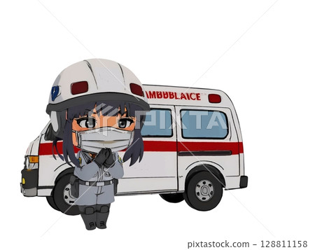 A female paramedic and an ambulance requesting assistance with emergency transport 128811158