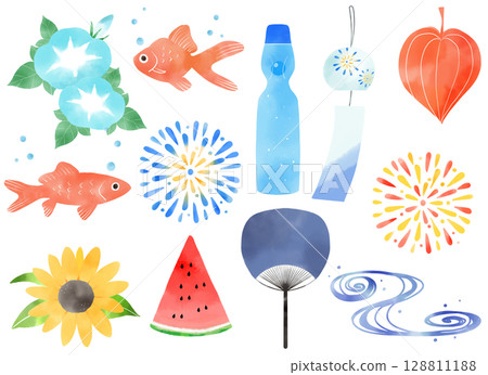 A collection of illustrations of Japanese-style cool summer accessories 128811188