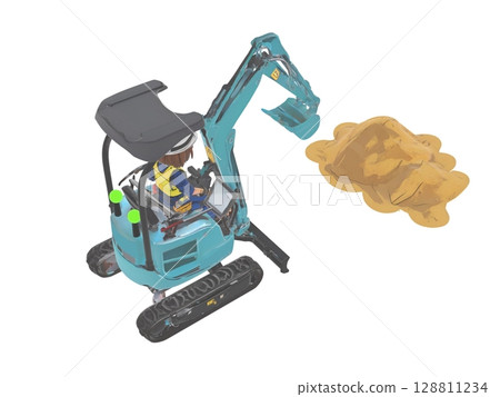 A worker performing ICT construction using a backhoe of ICT construction machinery at a construction site 128811234