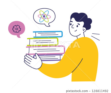 Flat cartoon vector illustration of male character carrying stack of books, thought bubbles, gear and atom structure. Science and education, research, learning process, academic visuals 128811492