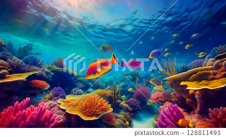 fish swimming in coral reef 128811493