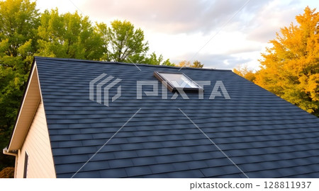Newly Renovated Roof with Asphalt Shingles and Skylight | Modern Roofing Design 128811937