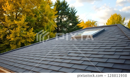 Newly Renovated Roof with Asphalt Shingles and Skylight | Modern Roofing Design Newly Renovated Roof with Asphalt Shingles and Skylight | Modern Roofing Design 128811938