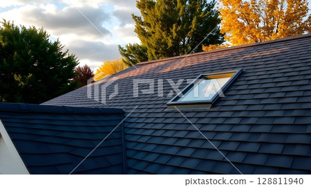 Newly Renovated Roof with Asphalt Shingles and Skylight | Modern Roofing Design 128811940
