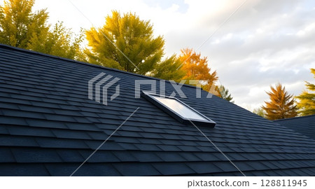 Newly Renovated Roof with Asphalt Shingles and Skylight | Modern Roofing Design 128811945