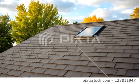 Newly Renovated Roof with Asphalt Shingles and Skylight | Modern Roofing Design 128811947