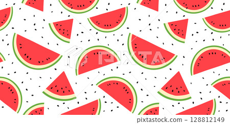 Watermelons slices and seeds seamless pattern summer background. 128812149