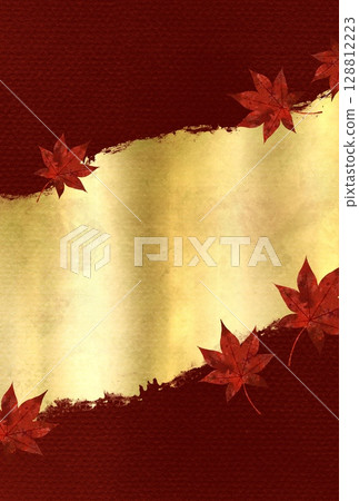 Japanese-style background material with maroon washi paper, gold leaf and autumn leaves, vertical design 128812223