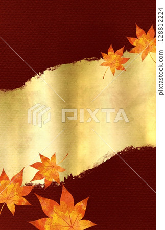 日式背景材料，採用金箔、酒紅色日本紙和橙色楓葉，垂直設計 128812224