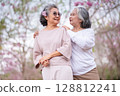 Elderly women with gray hair enjoying a beautiful moment together outdoors, surrounded by blooming pink flowers expressions reflect deep friendship and happiness relaxation with nature. 128812241