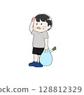 Illustration of a boy wiping sweat while holding a shopping bag 128812329