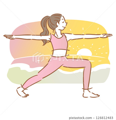 Woman doing yoga pose Simple illustration Background Sunrise/sunset Beach 128812483