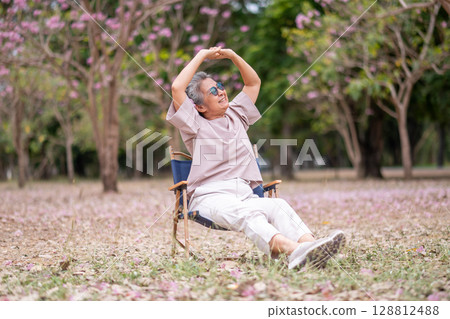 Elderly women with gray hair enjoying a beautiful moment together outdoors, surrounded by blooming pink flowers expressions reflect deep friendship and happiness relaxation with nature. 128812488