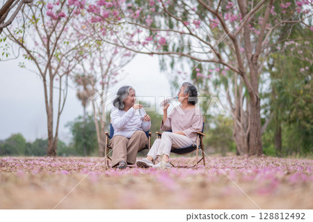 Elderly women with gray hair enjoying a beautiful moment together outdoors, surrounded by blooming pink flowers expressions reflect deep friendship and happiness relaxation with nature. 128812492