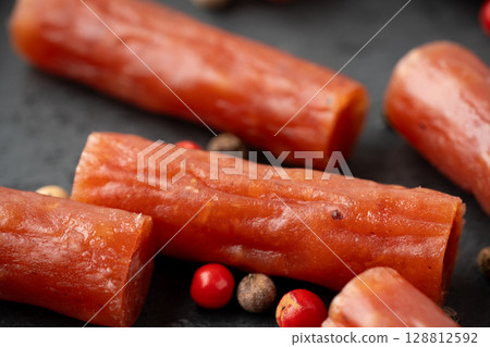 Close-up of dry sausage (karpas) with various spices 128812592