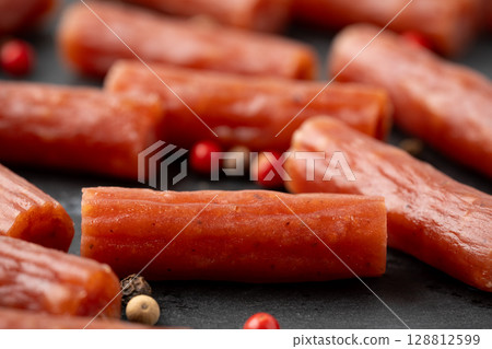 Close-up of dry sausage (karpas) with various spices Close-up of dry sausage (karpas) with various spices 128812599