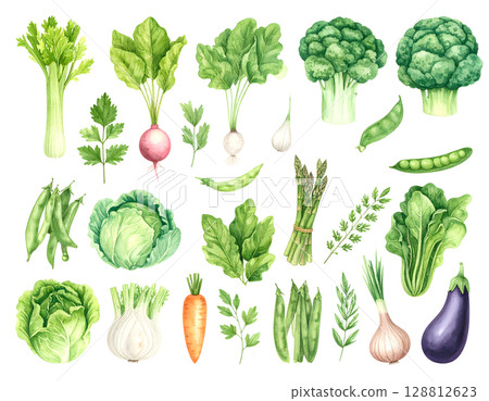 seamless pattern with Watercolor set of fresh organic vegetables 128812623