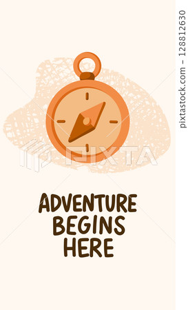 Vector illustration of a compass with the quote Adventure begins here. Hand-drawn style with textured background. Perfect for hiking, travel, and motivational outdoor projects 128812630